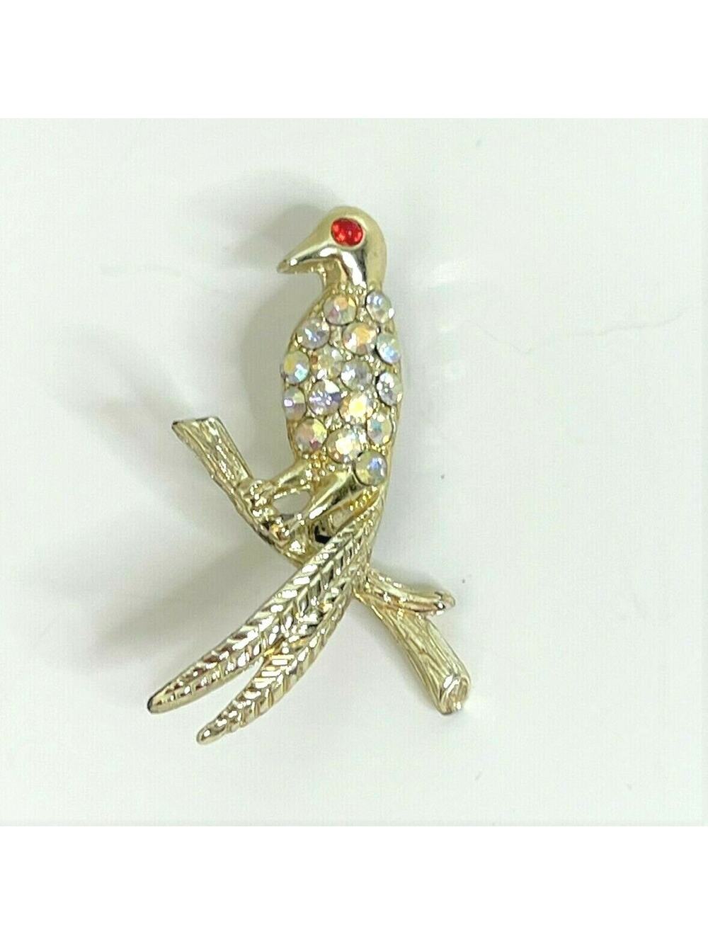 Vintage Rhinestone Parrot Brooch Aurora Borealis Bird Pin Red Eye Gold Tone 1960